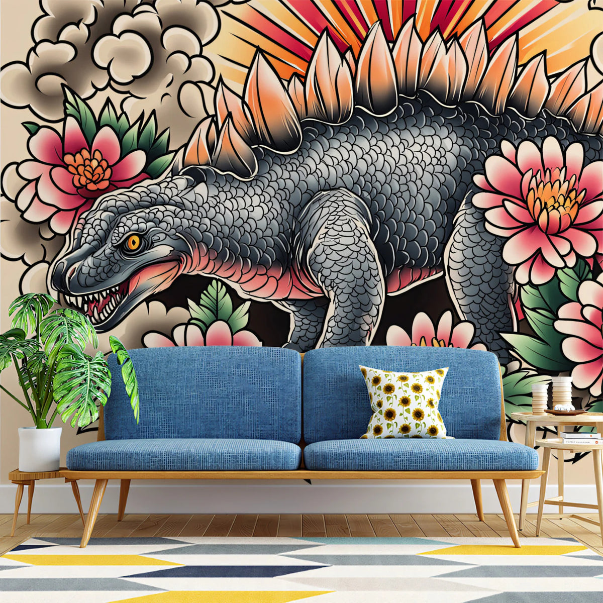 Stegosaurus Floral Neo-Traditional Mural Wallpaper - pure wallpaper artwork