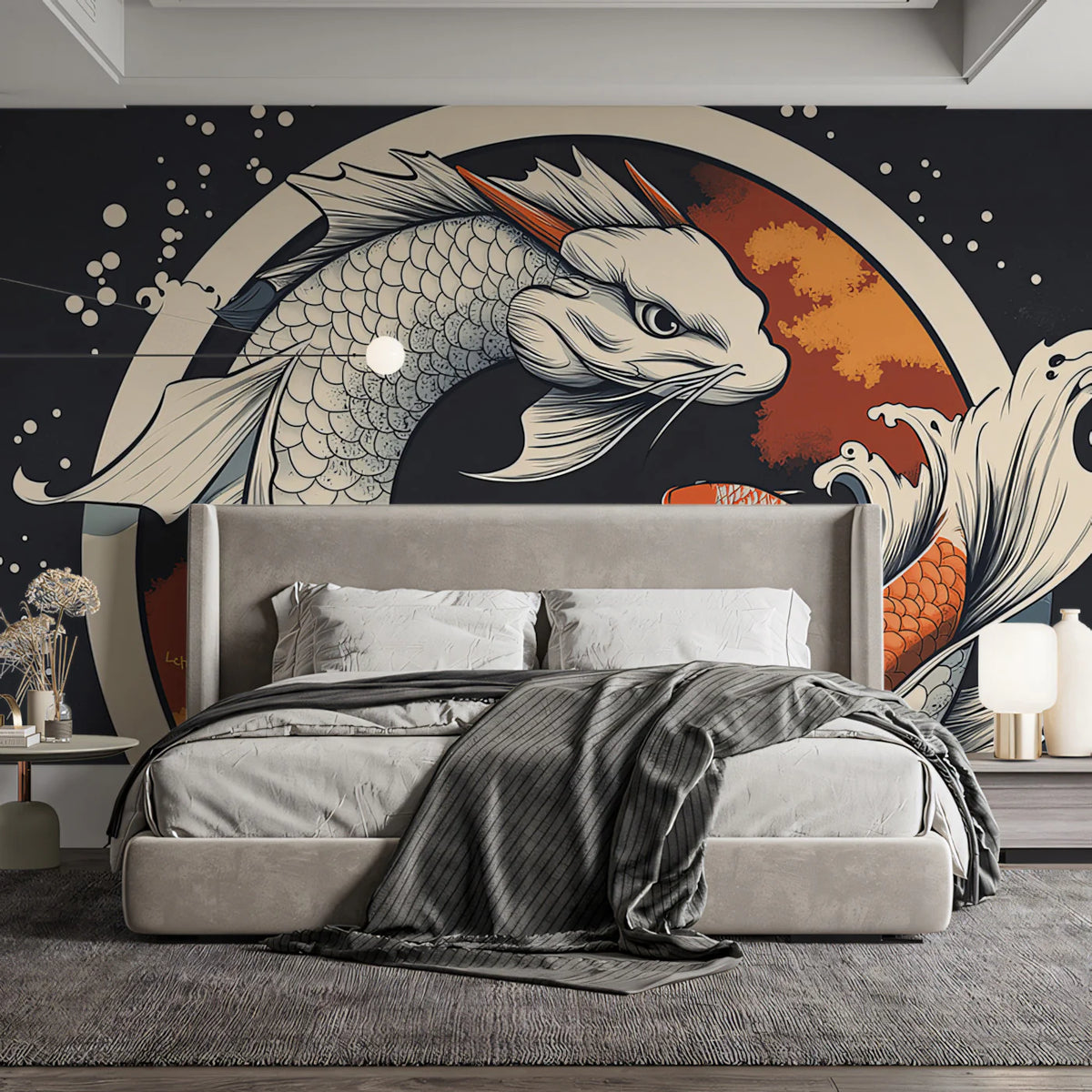 Japanese Dragon Koi Circular Mural Wallpaper — Graphic Tattoo Art Mural Wallpaper - pure wallpaper artwork