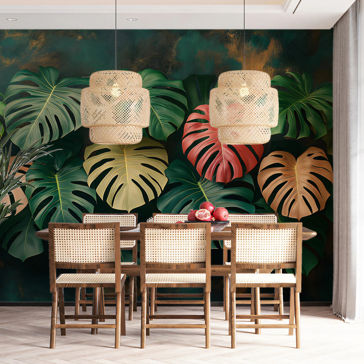 Stylish Tropical Monstera Leaves Mural Wallpaper Modern Floral Pattern Mural Wallpaper - pure wallpaper artwork