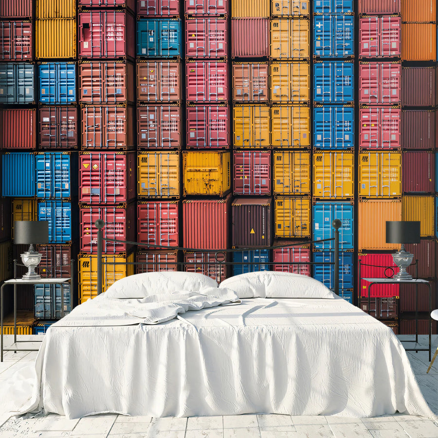 Stacked Container Grid Mural Wallpaper — Industrial Graphic Pattern Mural Wallpaper