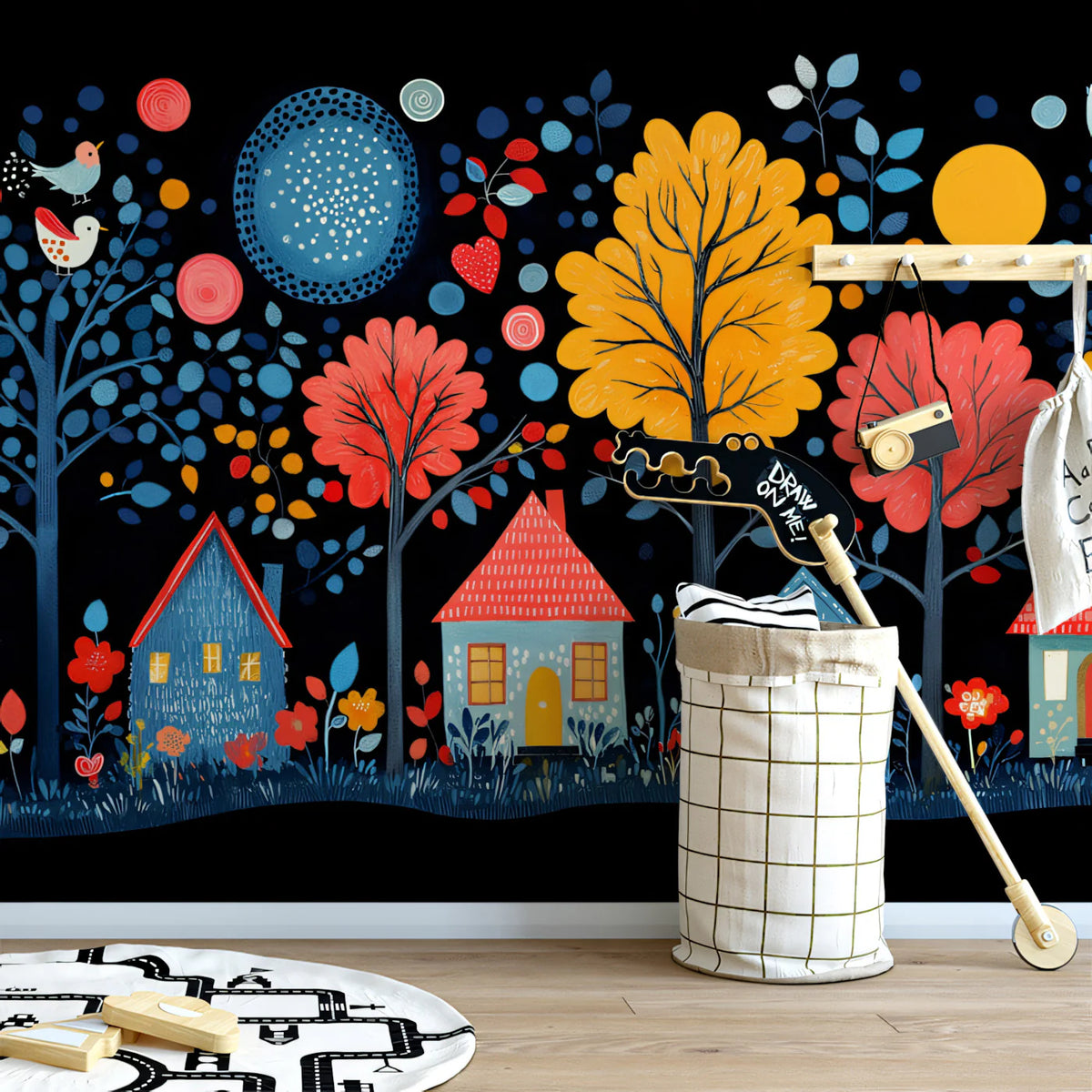 Stylized Folk Art Village at Night Mural Wallpaper Vibrant and Playful Scene Mural Wallpaper - pure wallpaper artwork
