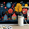 Stylized Folk Art Village at Night Mural Wallpaper Vibrant and Playful Scene Mural Wallpaper - pure wallpaper artwork