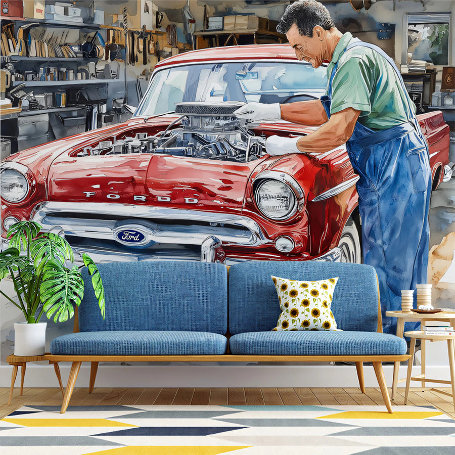 Vintage Automotive Mechanic Workshop Mural Wallpaper