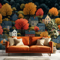 Autumn Village in a Forest Landscape Mural Wallpaper Cozy Fall Scene Mural Wallpaper - pure wallpaper artwork
