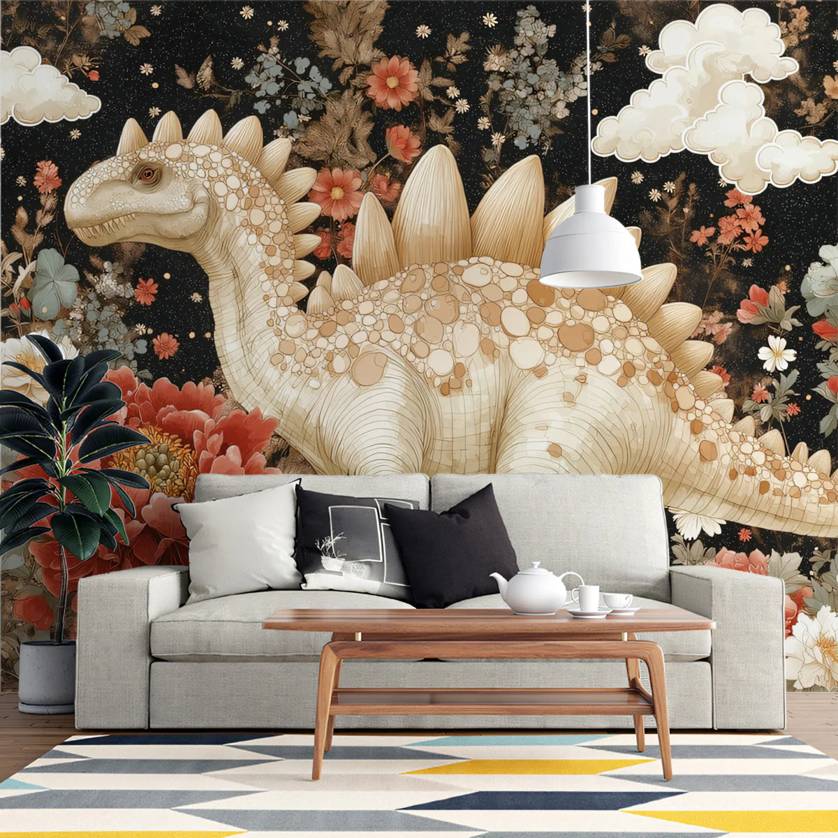 Stegosaurus Floral Garden Mural Wallpaper — Whimsical Vintage Art Mural Wallpaper - pure wallpaper artwork