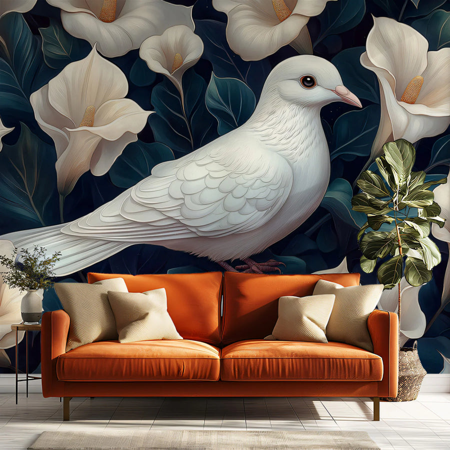 White Dove in a Field of Calla Lilies Mural Wallpaper Peaceful and Beautiful Floral Scene Mural Wallpaper