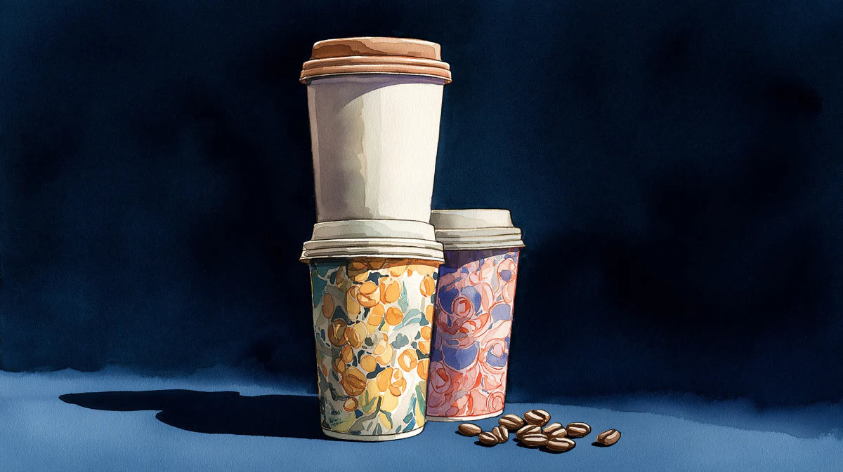 Floral Coffee Tumblers Mural Wallpaper — Artistic Beverage Illustration Mural Wallpaper - pure wallpaper artwork