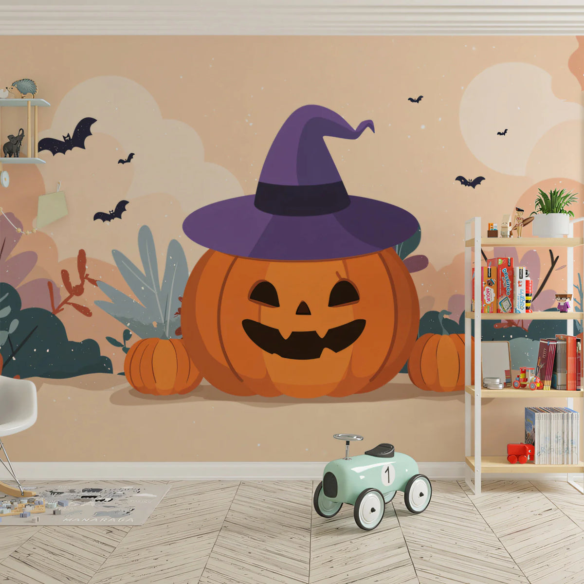 Jack-O'-Lantern Pumpkin Patch Mural Wallpaper — Whimsical Autumn Mural Wallpaper - pure wallpaper artwork
