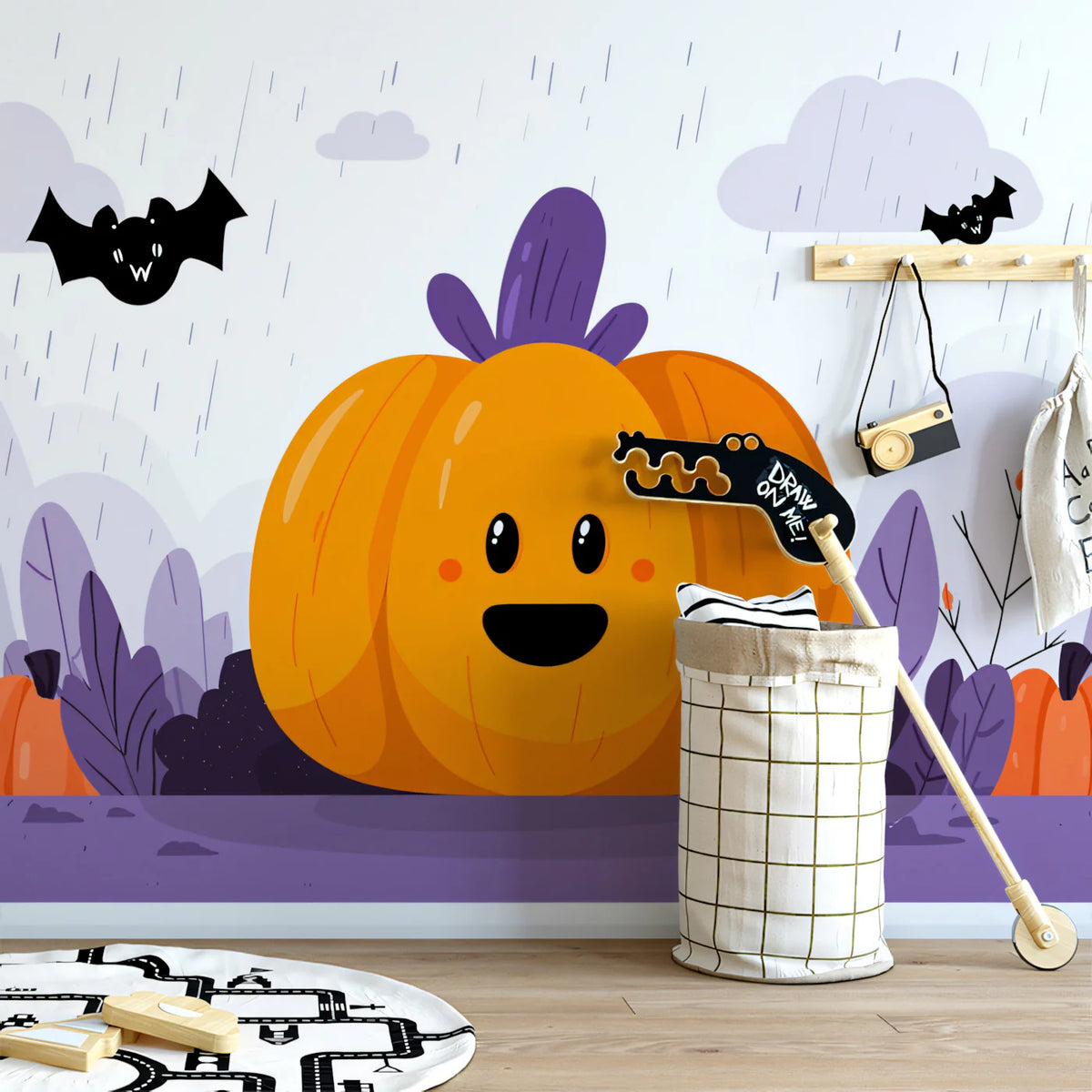 Happy Pumpkin Rainy Day Mural Wallpaper — Whimsical Autumn Scene Mural Wallpaper - pure wallpaper artwork