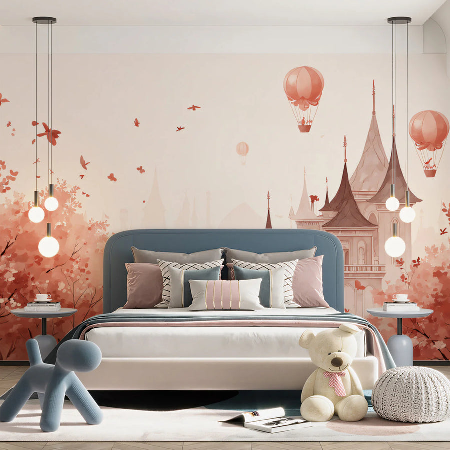 Floating Castle & Balloon Mural Wallpaper — Whimsical Fall Landscape Mural Wallpaper