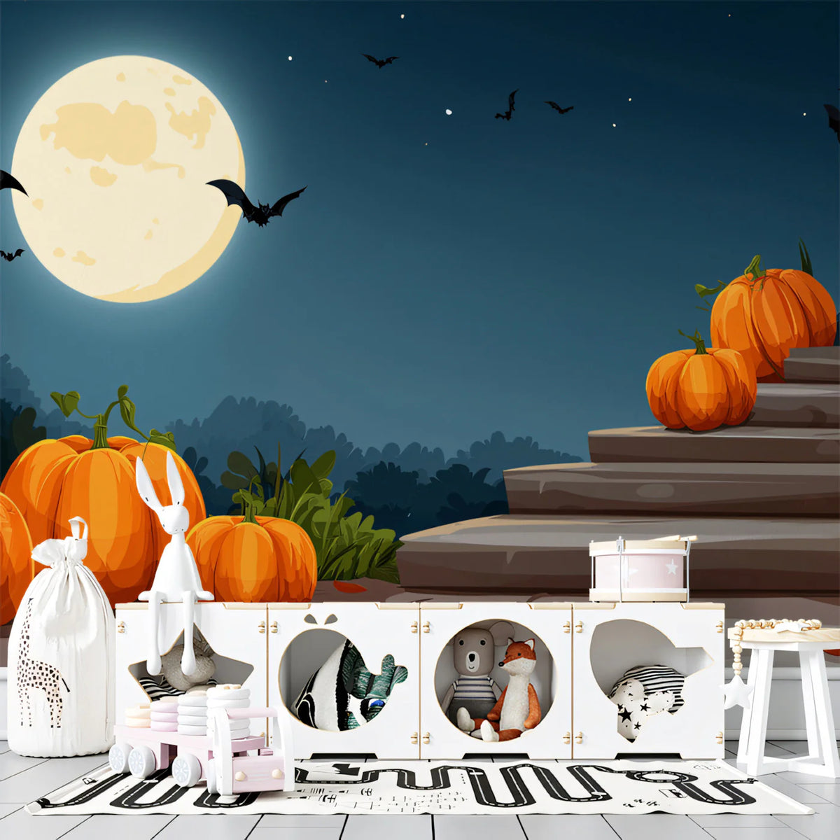 Full Moon Pumpkin Night Mural Wallpaper — Eerie Seasonal Decor Mural Wallpaper - pure wallpaper artwork