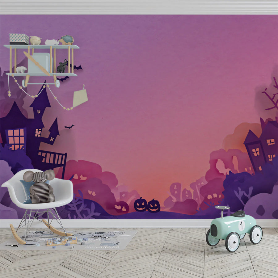 Haunted Castle Silhouette Mural Wallpaper — Whimsical Paper-Cut Art Mural Wallpaper