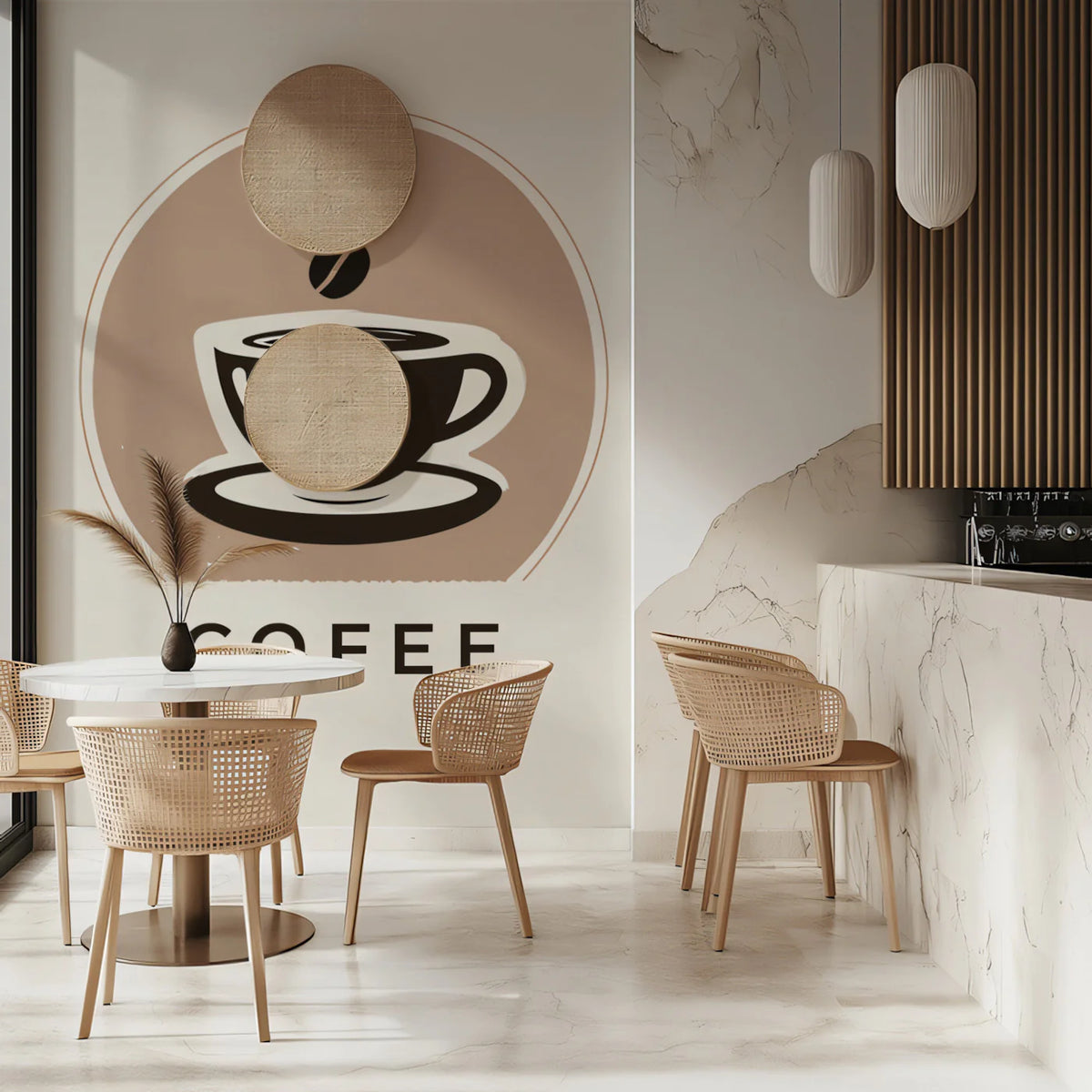 Minimalist Coffee Cup Logo Mural Wallpaper — Modern Beverage Decor Mural Wallpaper - pure wallpaper artwork