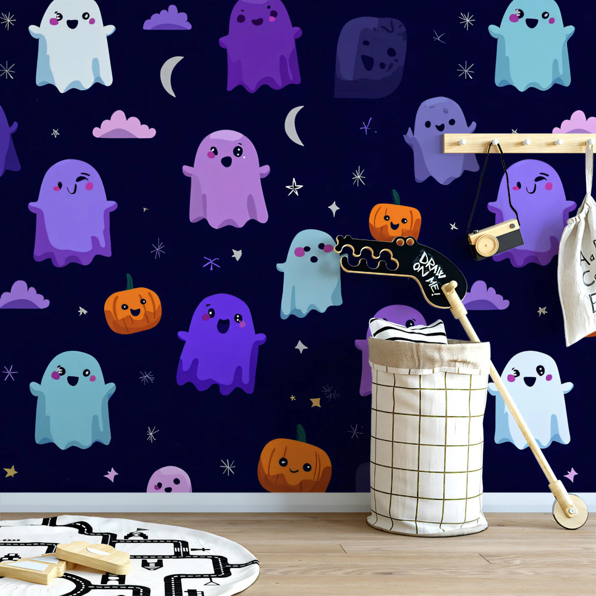 Floating Pastel Ghost Mural Wallpaper — Whimsical Night Sky Pattern Mural Wallpaper - pure wallpaper artwork