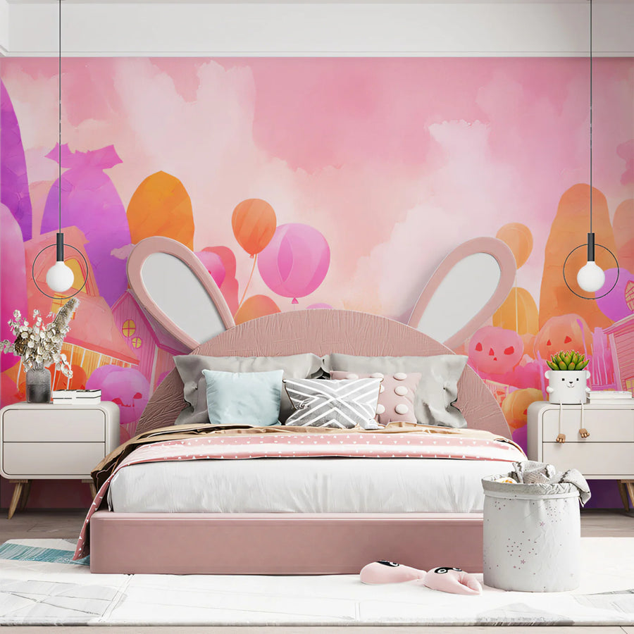 Pastel Halloween Village Mural Wallpaper — Whimsical Townscape Mural Wallpaper