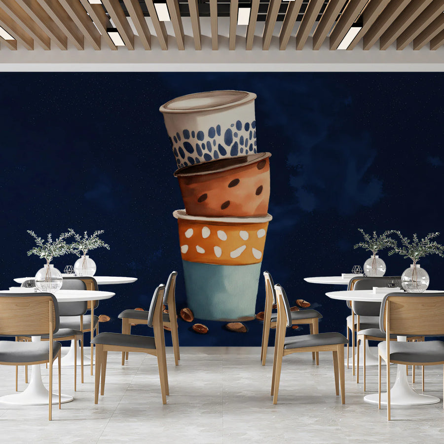 Stacked Ceramic Coffee Cups Mural Wallpaper — Whimsical Cafe Art Mural Wallpaper