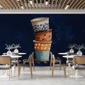 Stacked Ceramic Coffee Cups Mural Wallpaper — Whimsical Cafe Art Mural Wallpaper - pure wallpaper artwork