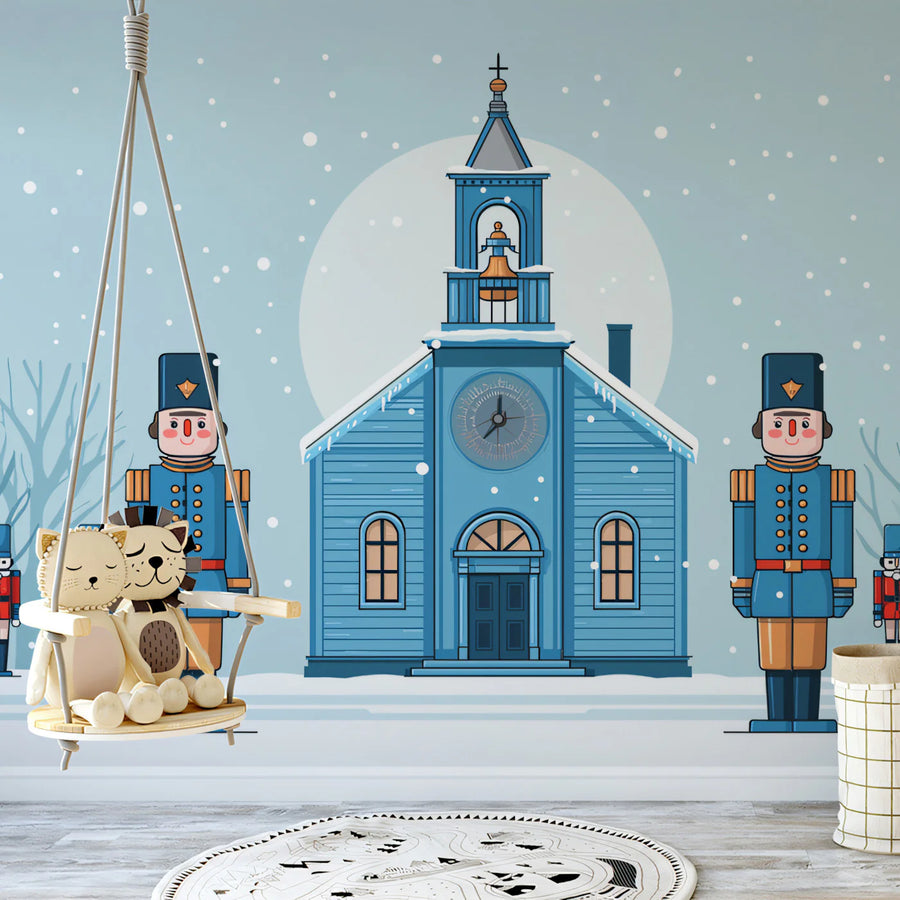 Winter Church and Toy Soldier Mural Wallpaper — Whimsical Scene Mural Wallpaper