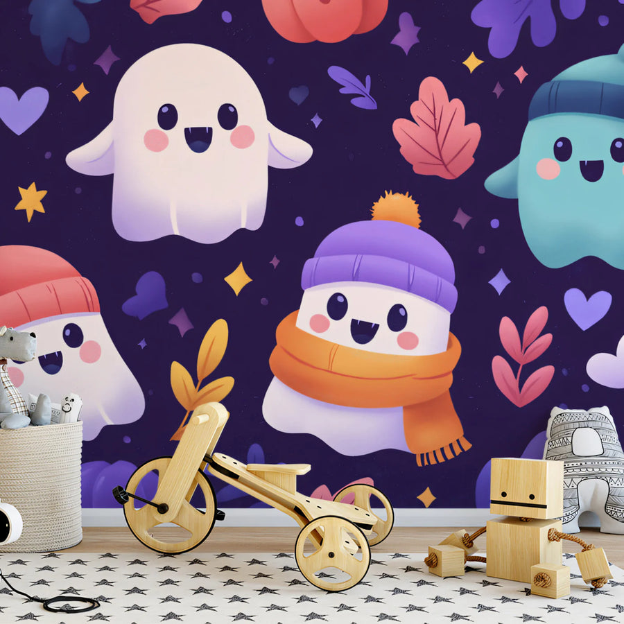 Cozy Autumn Ghost Pattern Mural Wallpaper — Whimsical Fall Decor Mural Wallpaper