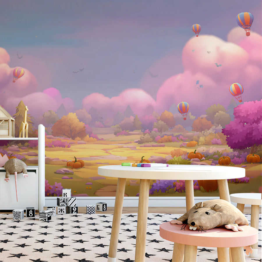 Autumn Pumpkin Meadow Mural Wallpaper — Whimsical Skyscape Mural Wallpaper