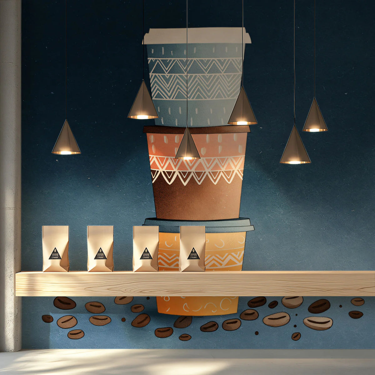 Stacked Coffee Cup Mural Wallpaper — Playful Bohemian Cafe Decor Mural Wallpaper - pure wallpaper artwork