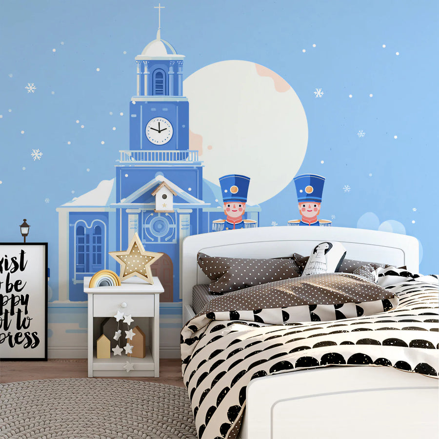 Winter Village Church Mural Wallpaper — Whimsical Holiday Scene Mural Wallpaper