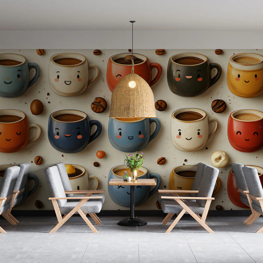 Smiling Coffee Mug Mural Wallpaper — Whimsical Kitchen Decor Mural Wallpaper