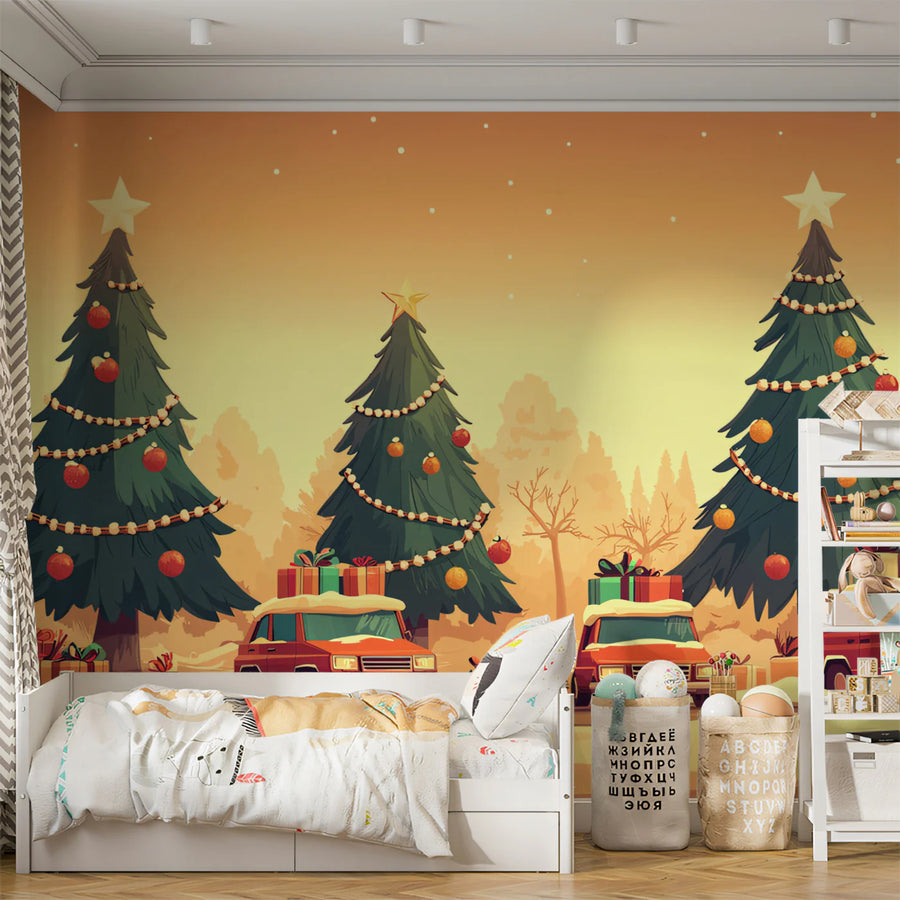 Holiday Road Trip Mural Wallpaper — Festive Winter Scene Illustration Mural Wallpaper