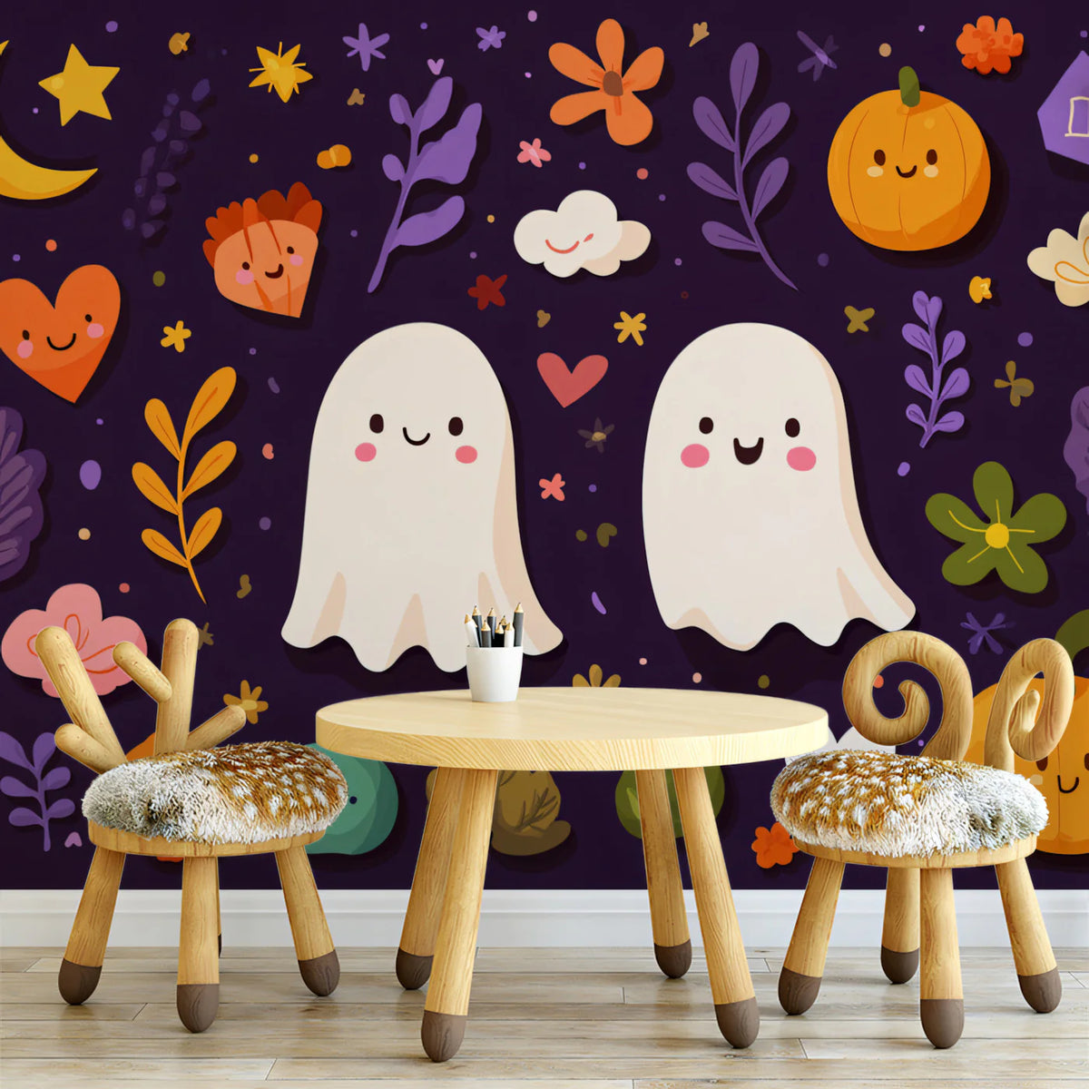 Friendly Ghost and Pumpkin Mural Wallpaper — Whimsical Autumn Decor Mural Wallpaper - pure wallpaper artwork