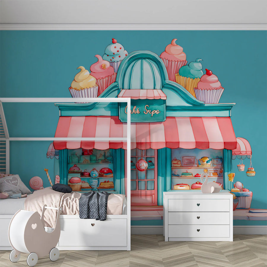 Whimsical Cake Shop Exterior Mural Wallpaper in Pastel Tones Mural Wallpaper