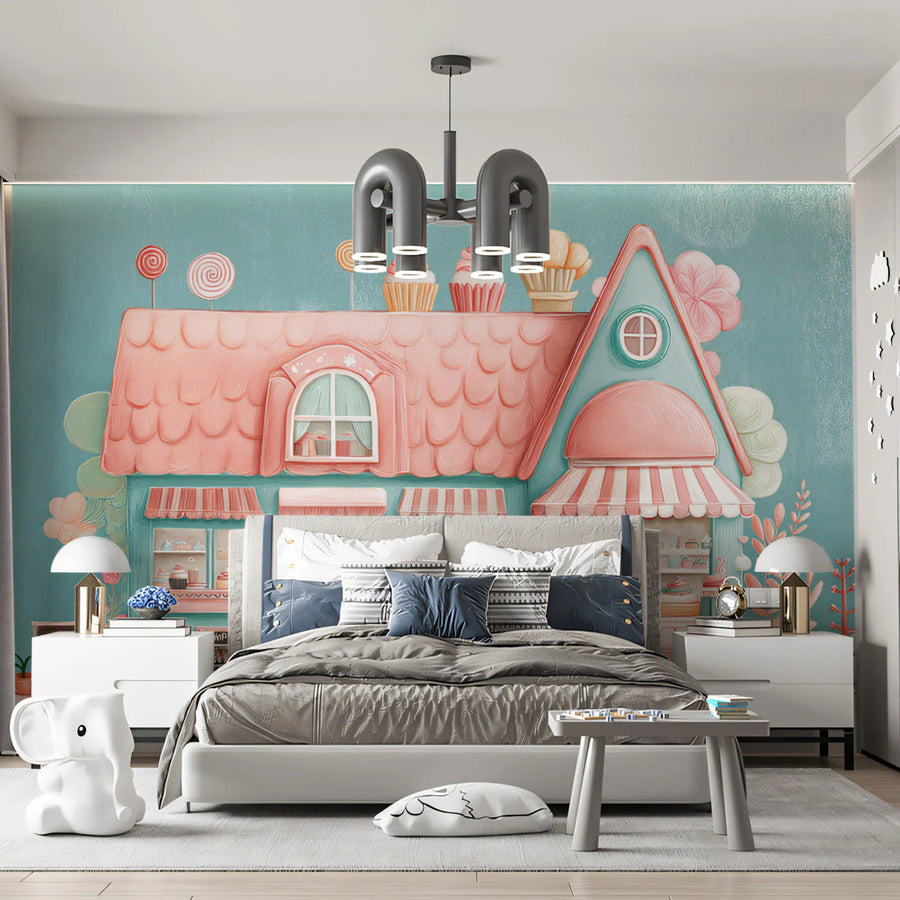 Pastel Sweet Shop Mural Wallpaper — Whimsical Confectionery Scene Mural Wallpaper