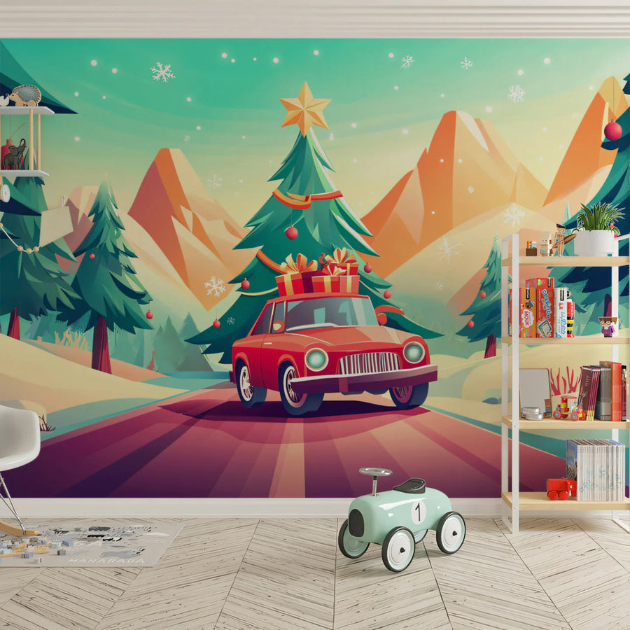 Vintage Christmas Car Mural Wallpaper — Whimsical Holiday Scene Mural Wallpaper