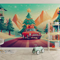 Vintage Christmas Car Mural Wallpaper — Whimsical Holiday Scene Mural Wallpaper - pure wallpaper artwork