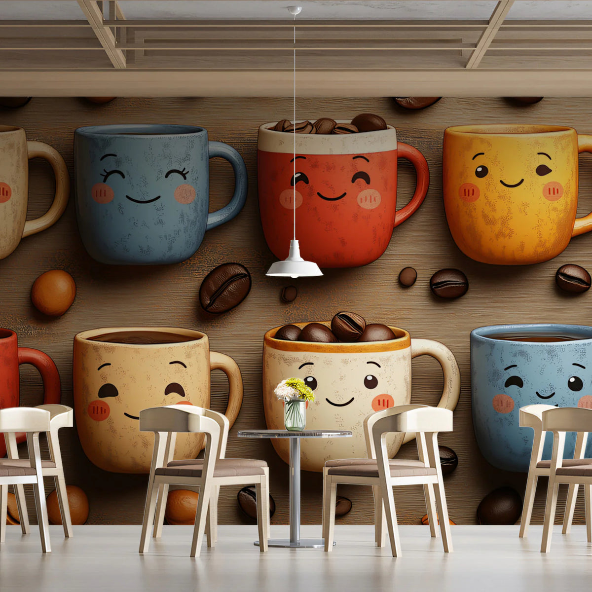 Happy Coffee Mug Character Mural Wallpaper — Playful Kitchen Decor Mural Wallpaper - pure wallpaper artwork