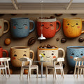 Happy Coffee Mug Character Mural Wallpaper — Playful Kitchen Decor Mural Wallpaper - pure wallpaper artwork