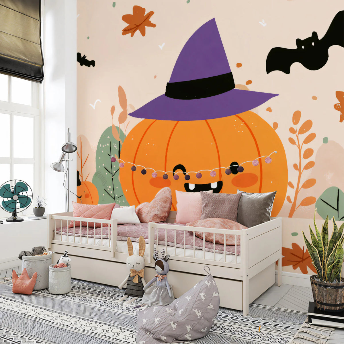 Smiling Pumpkin Witch Mural Wallpaper — Whimsical Autumn Design Mural Wallpaper - pure wallpaper artwork