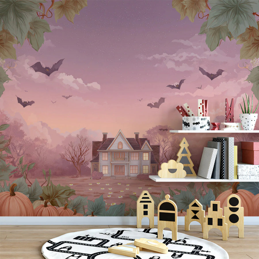 Haunted Manor Sunset Mural Wallpaper — Whimsical Autumnal Scene Mural Wallpaper