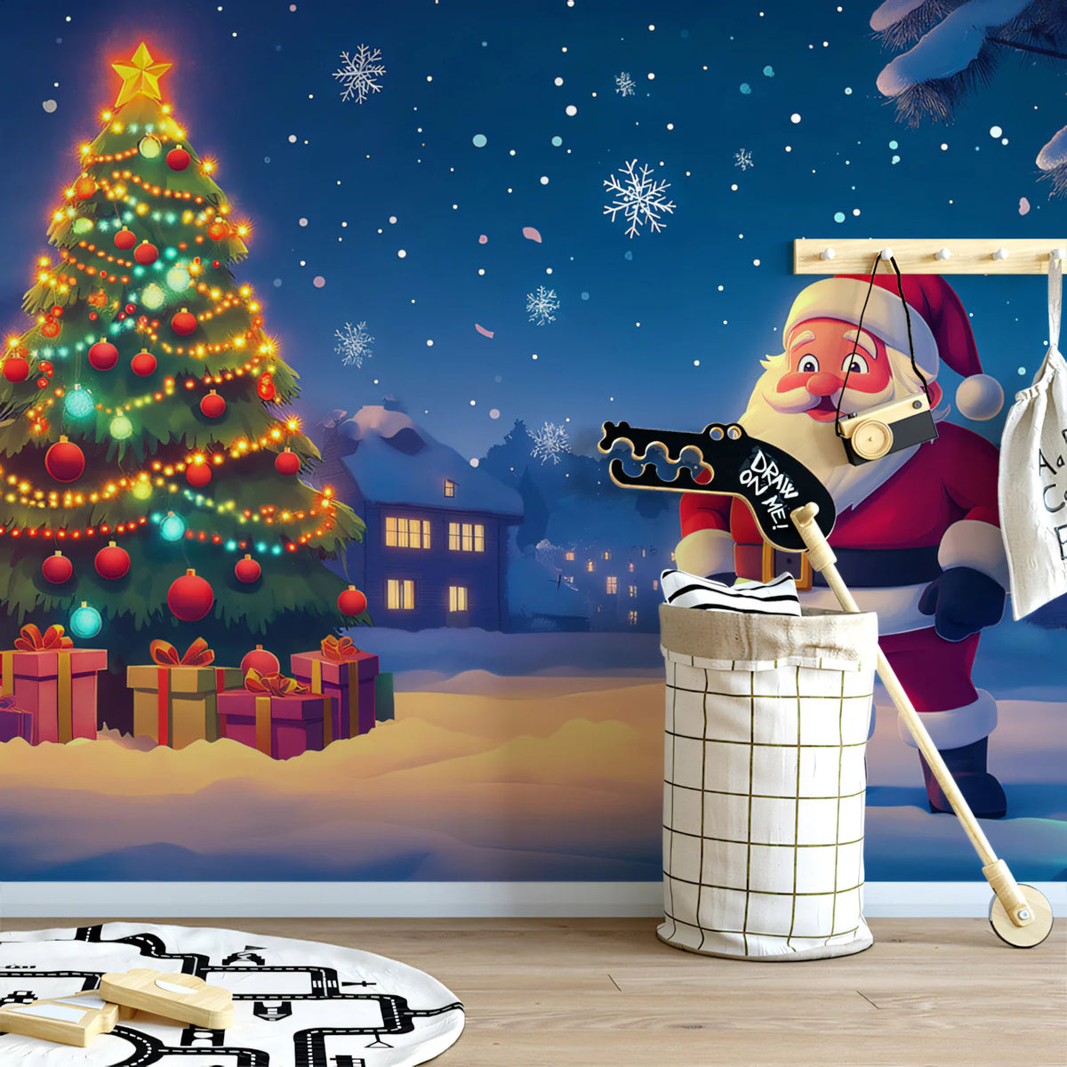 Santa's Snowy Village Mural Wallpaper — Festive Christmas Scene Mural Wallpaper - pure wallpaper artwork