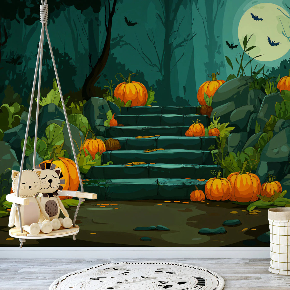 Moonlit Pumpkin Staircase Mural Wallpaper — Moody Forest Scene Mural Wallpaper - pure wallpaper artwork