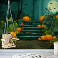 Moonlit Pumpkin Staircase Mural Wallpaper — Moody Forest Scene Mural Wallpaper - pure wallpaper artwork