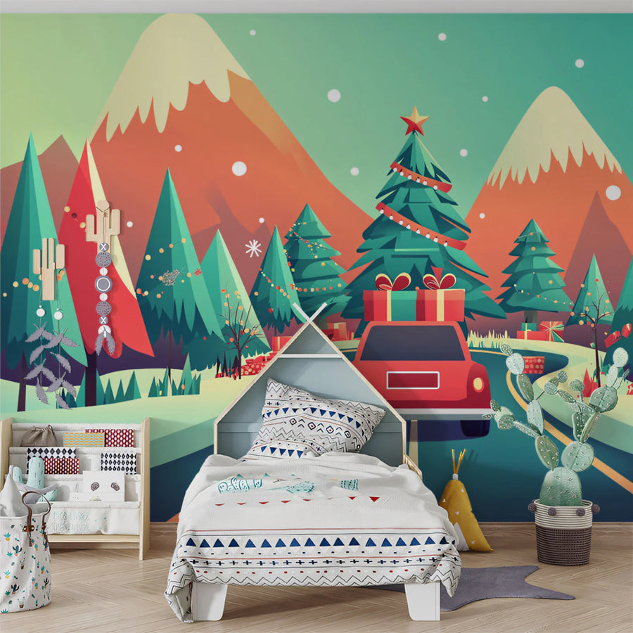 Holiday Mountain Drive Mural Wallpaper — Festive Winter Illustration Mural Wallpaper