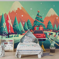 Holiday Mountain Drive Mural Wallpaper — Festive Winter Illustration Mural Wallpaper - pure wallpaper artwork