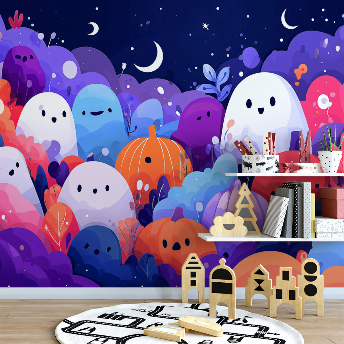 Halloween Night Ghosts and Pumpkins Mural Wallpaper — Whimsical Decor Mural Wallpaper - pure wallpaper artwork