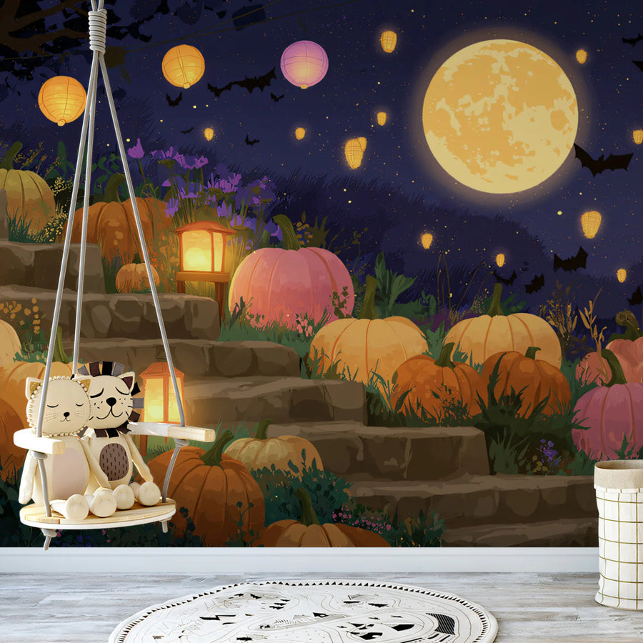 Pumpkin Lantern Garden Mural Wallpaper — Whimsical Night Scene Mural Wallpaper