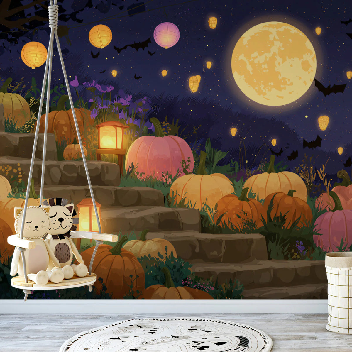 Pumpkin Lantern Garden Mural Wallpaper — Whimsical Night Scene Mural Wallpaper - pure wallpaper artwork