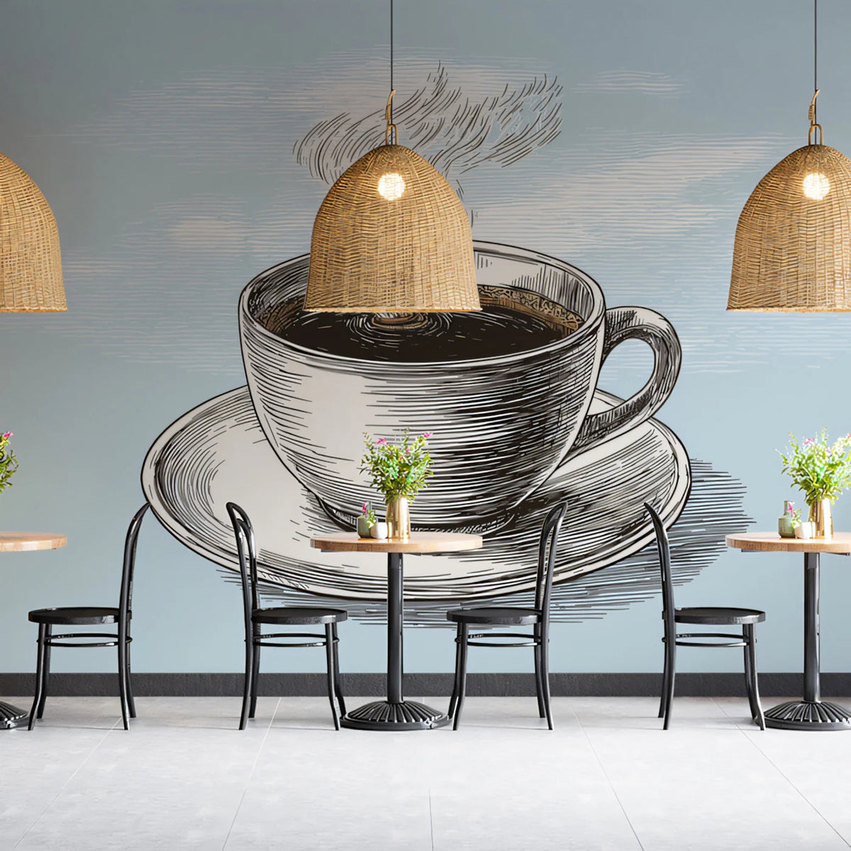 Steaming Coffee Cup Mural Wallpaper — Vintage Etched Illustration Mural Wallpaper - pure wallpaper artwork