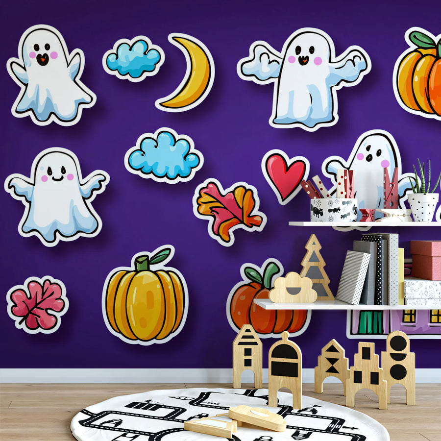 Playful Halloween Sticker Mural Wallpaper in Vibrant Purple Mural Wallpaper