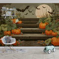 Autumn Pumpkin Staircase Mural Wallpaper — Vintage Night Scene Mural Wallpaper - pure wallpaper artwork