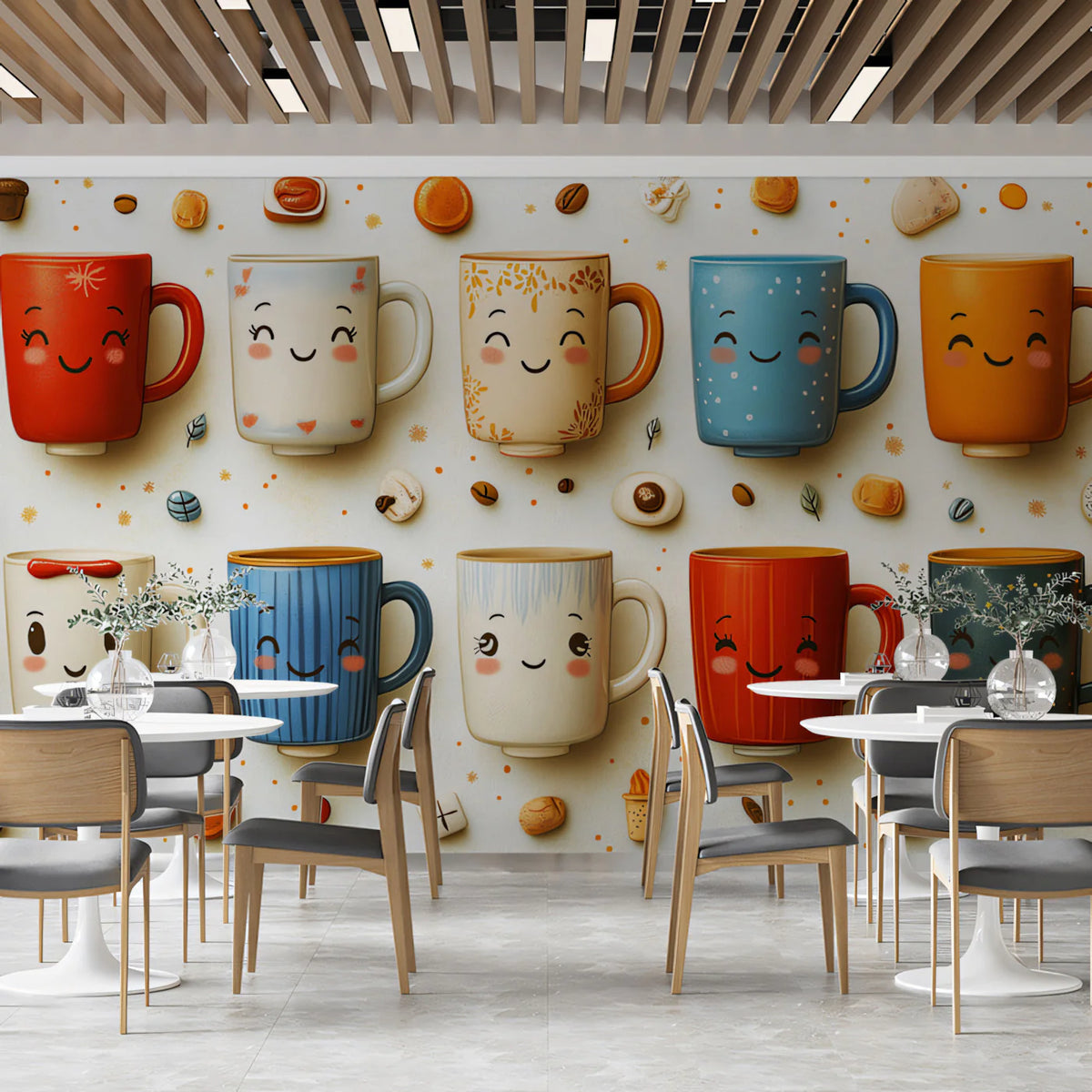 Smiling Coffee Mugs Mural Wallpaper — Whimsical Kitchen Decor Mural Wallpaper - pure wallpaper artwork
