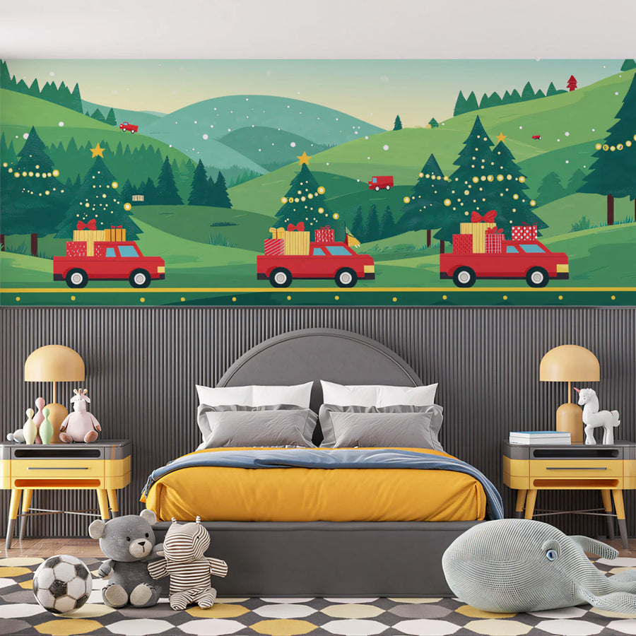 Vintage Holiday Road Trip Mural Wallpaper — Festive Festive Scene Mural Wallpaper